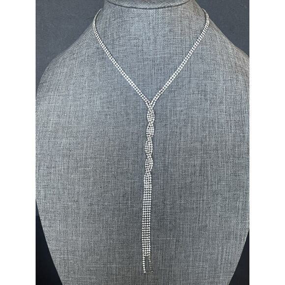 Silver Tone Rhinestone Lariat Necklace Y Clear Wedding Cocktail Evening wear - Picture 1 of 7